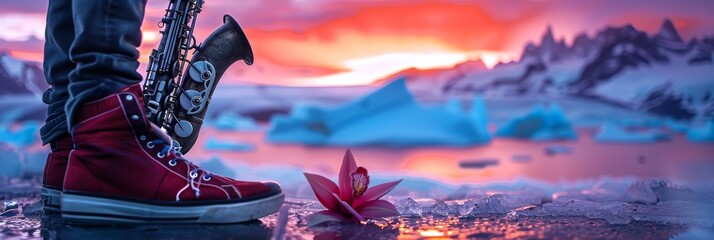 A saxophone player in sneakers near a glacier at sunset with an pink orchid - obrazy, fototapety, plakaty
