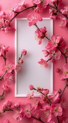 Vibrant pink cherry blossom branches tense around a rectangular blank card, a symbol of spring and new beginnings