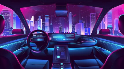 An autonomous smart car navigates through a city at night, displaying vehicle movement, GPS, travel time, and scanning distance, representing a futuristic automotive assistance concept