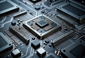 Generative AI  detailed view of a circuit board, intricately showcasing the world of electronics and electronic engineering
