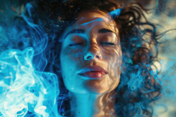 Portrait of a woman doing energy therapy with energy power flowing around her