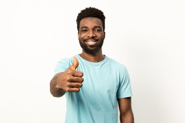 Portrait of a cheerful young man with a beard giving a thumbs up sign, wearing a light blue t-shirt on a white background. - 745843234