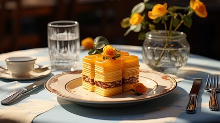 Michelline star chefs pastry. Exquisite Layered Crepe Cakes Topped with Glaze and Berries, Elegant Tea Time Setting