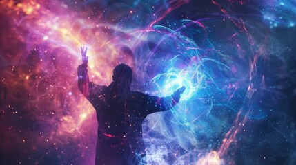A space wizard casting spells in a virtual realm vibrant arcane energy swirling around