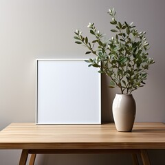 Blank Wood Frame with flowers in a vase on the table or Wooden Shelf