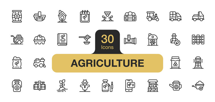 Set of 30 Agriculture icon element sets. Includes farmer, van, plant, bag, milk, horse, and More. Outline icons vector collection.