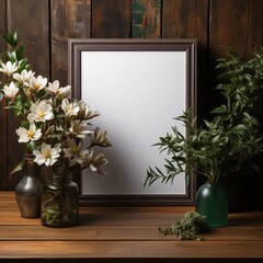 Blank Wood Frame with flowers in a vase on the table or Wooden Shelf