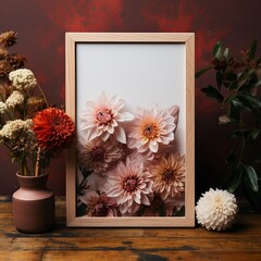 Blank Wood Frame with flowers in a vase on the table or Wooden Shelf