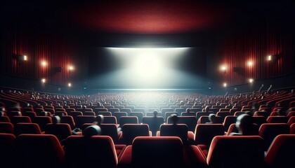 Fototapeta na wymiar Panoramic Cinema Experience with Blank Screen and Audience Silhouettes