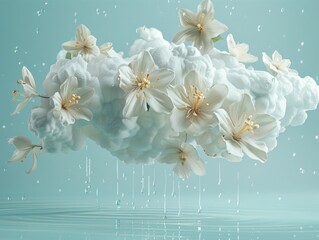 Dreamy composition with a cloud merging with lilies against a calming blue background