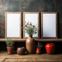 Blank Wood Frame with flowers in a vase on the table or Wooden Shelf
