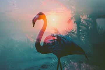 A flamingo superimposed with the silhouette of a tropical sunset in a double exposure - obrazy, fototapety, plakaty