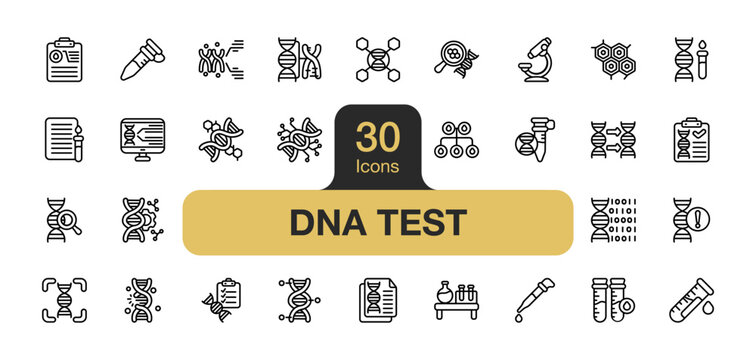 Set of 30 DNA test icon element sets. Includes Test tube, Microscope, Genetic code, Sample collection, Laboratory, Pipette, and More. Outline icons vector collection.