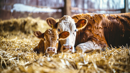 Cow and newborn calf lying in straw at cattle farm