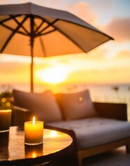 Beautiful romantic seaside restaurant terrace at sunset (blurred and useful background image)