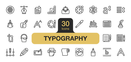 Set of 30 Typography icon element set. Includes paint, ink, pen tool, font, text, ligature, and More. Outline icons vector collection.