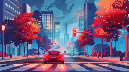A vector illustration showcasing an autonomous smart car scanning the road and operating automatically as it comes to a stop at a crosswalk in the city - obrazy, fototapety, plakaty