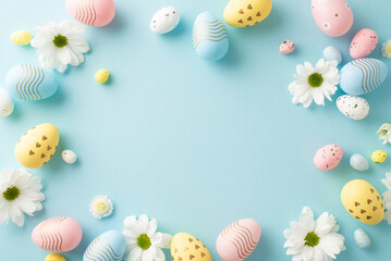 Easter inspiration setup: top view photo featuring dyed eggs, and young chamomile on a serene blue...