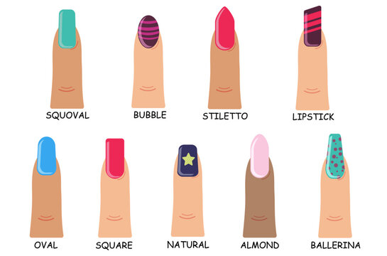 Types of fashionable vibrant color shapes of the nail collection. Set of different shapes of nails on white background. Female manicure in flat design. Vector illustration