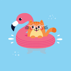 Cat have a rest in sea or ocean. Happy cat character on Flamingo Swimming Circle in water. Summer vacation time. Vector Hand drawn cartoon flat illustration.