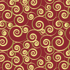 Endless pattern of golden spirals on dark red background. Luxury metallic Christmas design.