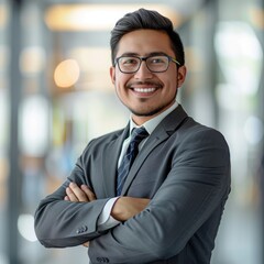 Portrait of a Hispanic male businessman 25-35 years in a suit against the background of an office