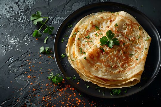 Top-View Image of Crêpes on a Black Background in Mexican Cuisine. Concept Food Photography, Mexican Cuisine, Top-View Crêpes, Black Background, Culinary Art