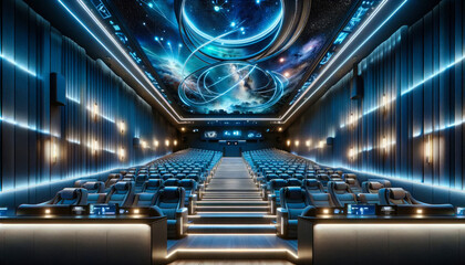 Empty futuristic cinema with blue lights, galaxy-themed walls and modern seats.
