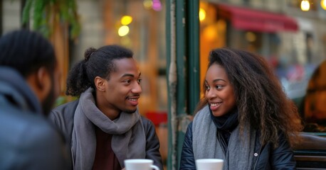 Beautiful diverse couple in love young african american man and brunette curly woman smiling at each other with toothy smile sitting in romantic Paris cafe