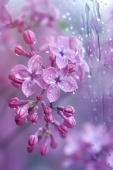the essence of spring with a delicate image of lilac flowers behind a raindrop-adorned window