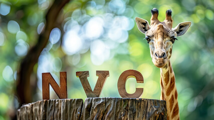 NVC wooden letters with giraffe head in nature. Non-violent communication concept.