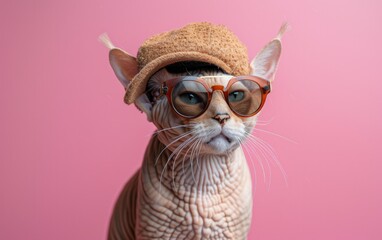 Devon Rex cat with sunglasses and cap on a professional background