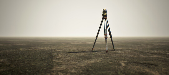 Land surveyor on tripod standing on wide open flat landscape. - 745846460