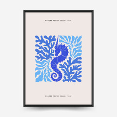 Underwater world, ocean, sea, fish and shells vertical flyer or poster template. Modern trendy Matisse minimal style. Hand drawn design for wallpaper, wall decor, print.