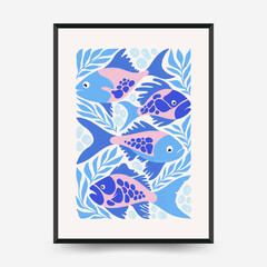 Underwater world, ocean, sea, fish and shells vertical flyer or poster template. Modern trendy Matisse minimal style. Hand drawn design for wallpaper, wall decor, print.