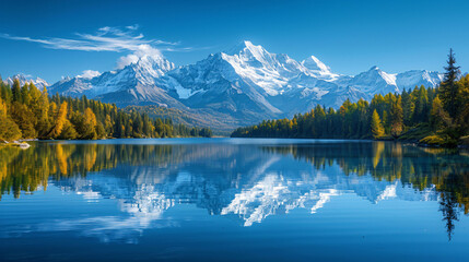Fototapeta premium A serene mountain landscape with snow-capped peaks, clear.