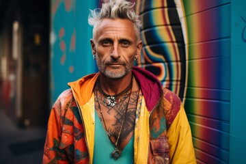 Portrait of a handsome middle-aged man with dreadlocks wearing colorful clothes.