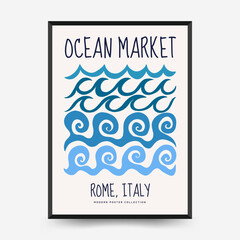 Underwater world, ocean, sea, fish and shells vertical flyer or poster template. Modern trendy Matisse minimal style. Hand drawn design for wallpaper, wall decor, print.