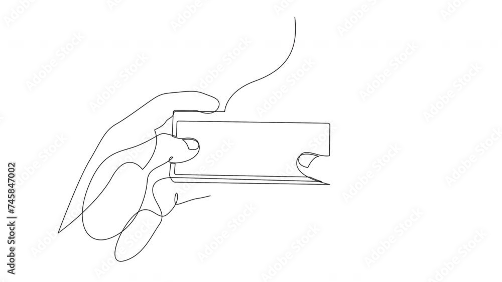 Poster self drawing animation of continuous line human hands holding vintage game console remote control. a