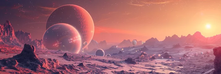 Cercles muraux Couleur saumon An exoplanet landscape with advanced quantum computers glowing under a dual sunset sky