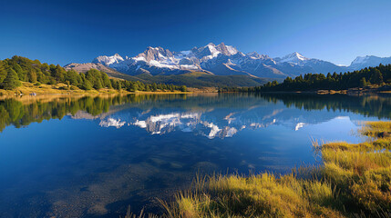 A serene mountain landscape with snow-capped peaks, clear.