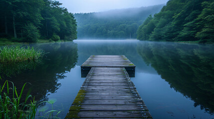 A serene lakeside at dawn, with mist hovering over the water.