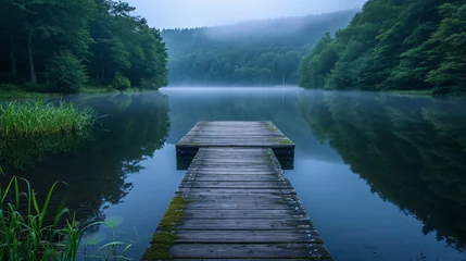 Schilderijen op glas A serene lakeside at dawn, with mist hovering over the water. © Anthony