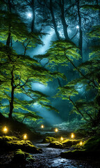 Obraz premium Moonlit Forest Glade. Amidst ancient trees, a moonbeam illuminates a hidden glade.