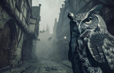 An owl guiding a time traveler through misty medieval streets blending past and present
