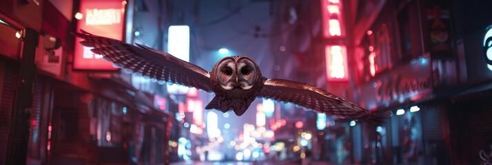 An owl in flight over a neon lit street creating an aura of timelessness and mystery