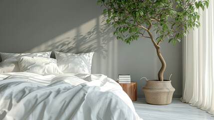 A serene bedroom with white bedding, soft gray walls, and a large bed.