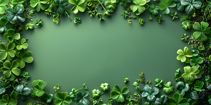 Green water clover leaves forming a frame with copy space on a water surface. St. Patrick's Day concept. Design for background, greeting card, invitation