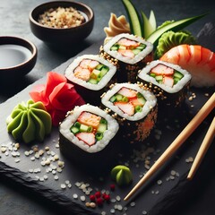  sushi rolls with crab sticks and cucumbers