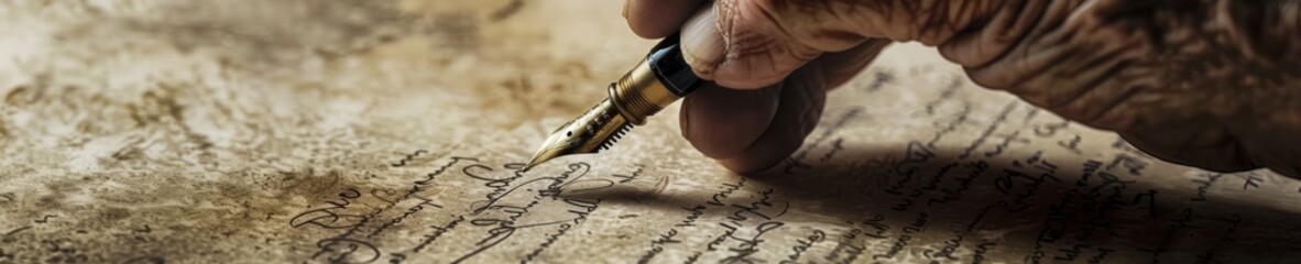 Artistic close up of elderly hand signing a historic document with a vintage fountain pen emphasizing the signature and the aged paper texture - obrazy, fototapety, plakaty